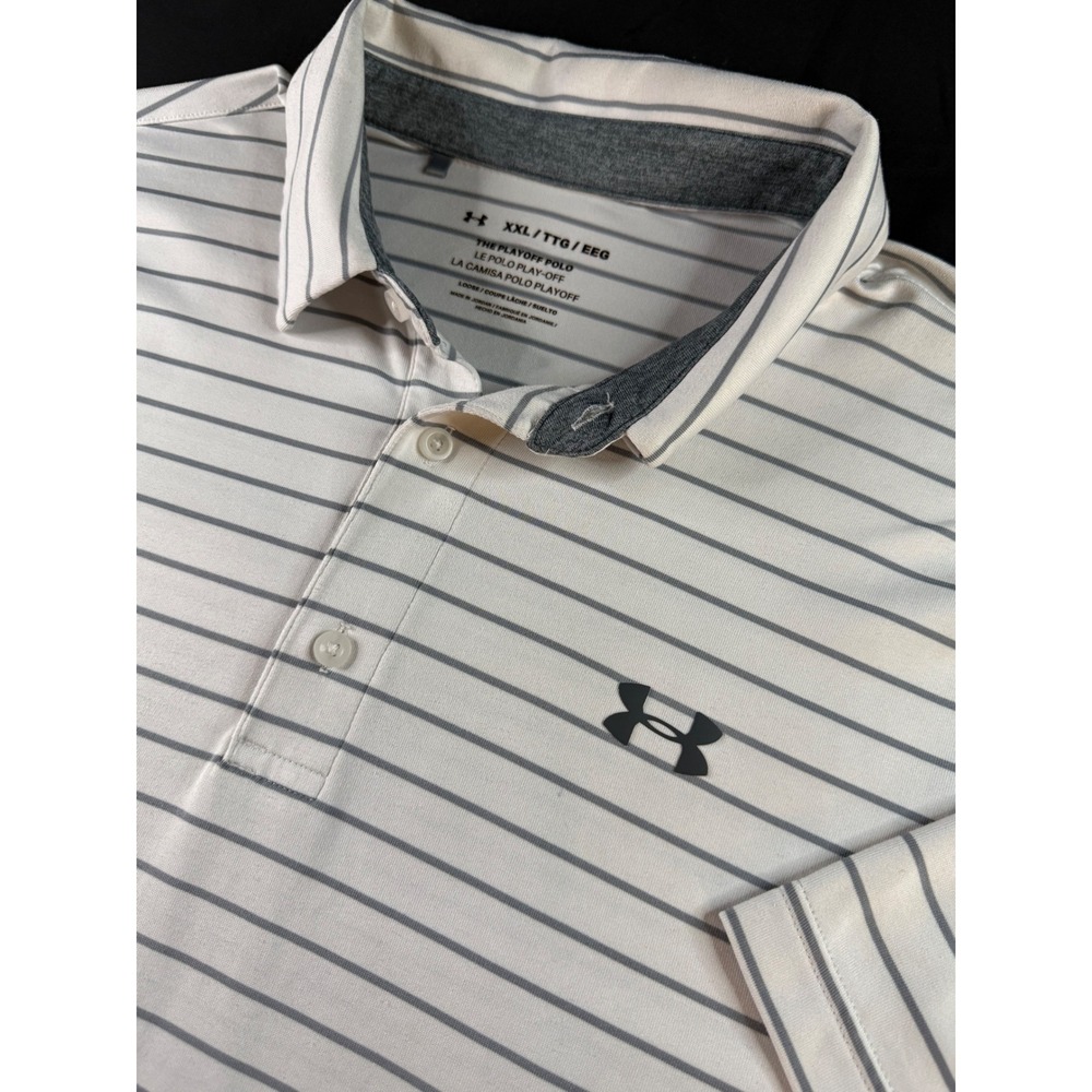 Under Armour Mens Playoff Polo Shirt XXL White Grey Striped Golf Short Sleeve